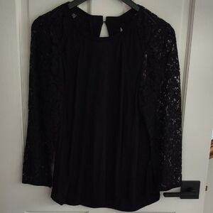 Rebecca Taylor Black Wool Jersey and Lace Sleeve Blouse, Size Large, NWT
